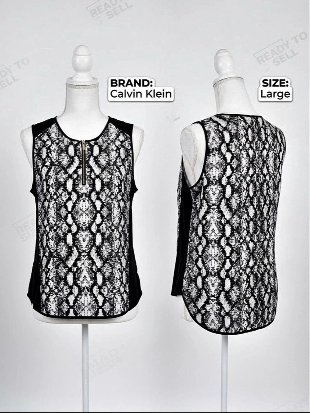 Calvin Klein Animal Print Zip Front Tank Top in Black & White Large